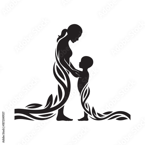A silhouette of a mother and child embracing connected by flowing organic shapes