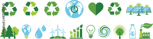 Eco sustainability and green energy icons set, recycling symbols, renewable resources, solar wind power, clean technology, environmental protection, flat vector illustration