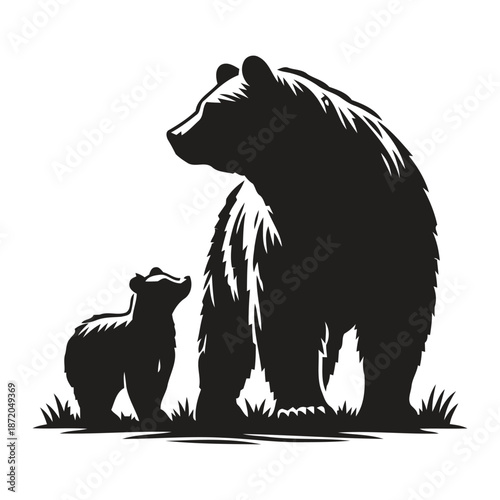 Grizzly Bear and Cub Silhouette Wildlife Illustration Mother and Baby Forest Animal Art