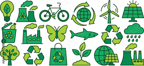 Eco sustainability and green energy icons set, recycling renewable resources, solar wind power, clean technology, climate awareness, environmental protection, flat vector illustration