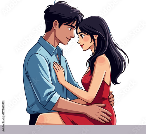 Create a realistic sexy romance young couple in love vector art with white background.