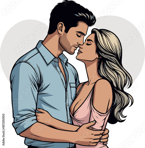 Create a realistic sexy romance young couple in love vector art with white background.