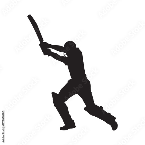 A silhouette of a cricket player in action preparing to hit the ball powerfully