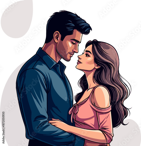 Create a realistic sexy romance young couple in love vector art with white background.