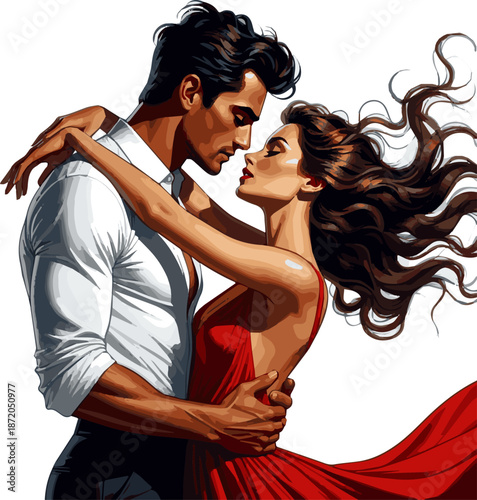 Create a realistic sexy romance young couple in love vector art with white background.