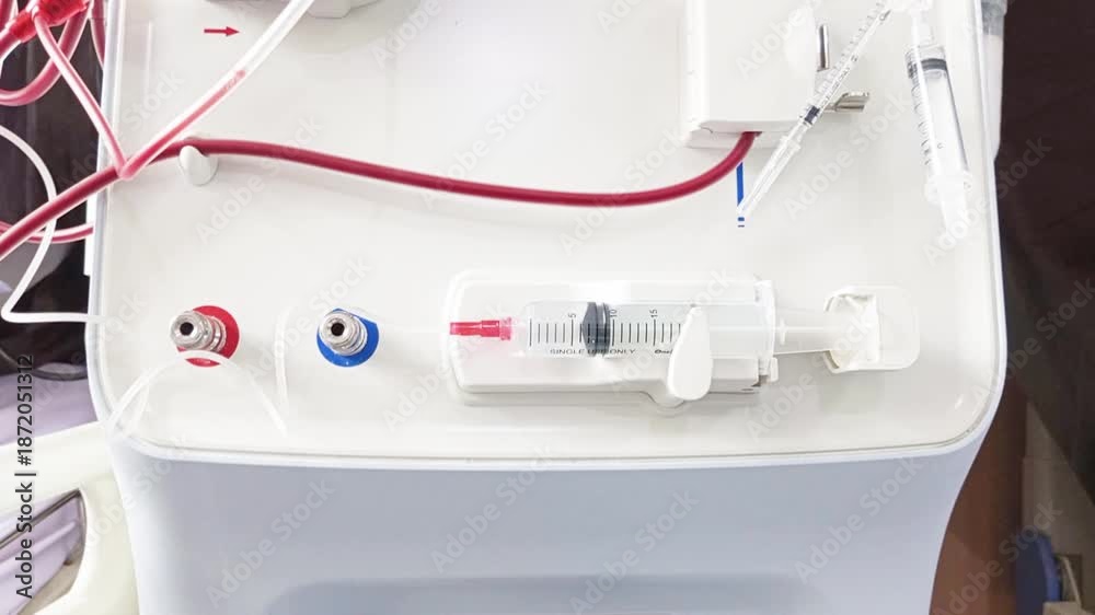 A syringe on a hemodialysis machine as part of a syringe pump that ...