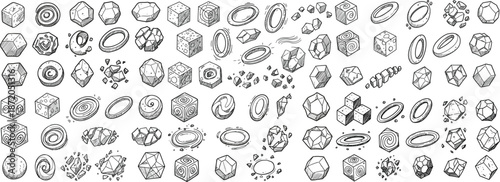 A diverse collection of hand-drawn geometric shapes, including cubes, spheres, and rings in black and white.