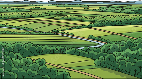 Create a Aerial view of a landscape with river and forests vector art with white background..