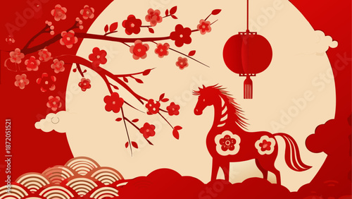 Silhouette of a horse under a cherry blossom tree Vector, illustration