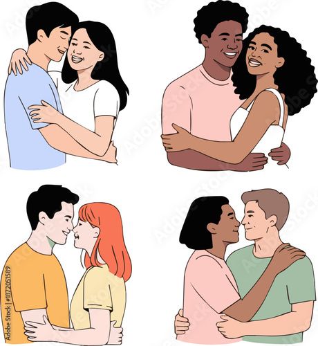 Create a kinds of deferent sexy young couple in love vector art with white background.