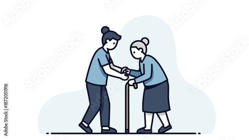 A young person assisting an elderly woman with a walking cane, symbolizing care and support.