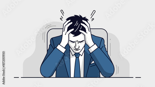 A stressed businessman clutches his head in despair while sitting at his desk, overwhelmed by work.