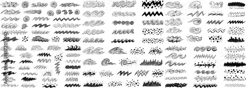 A collection of hand-drawn black and white decorative scribbles and patterns, showcasing creativity and art.