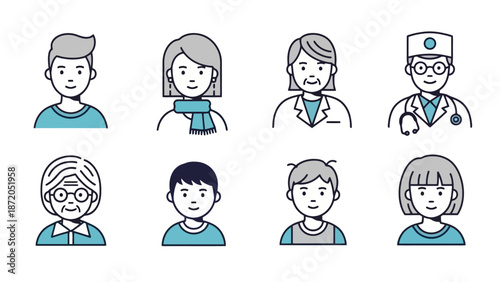 A diverse collection of eight stylized, flat-design avatar icons representing people of various ages and professions, including a young man, woman, older woman, doctor, elderly woman, boy, and girl.