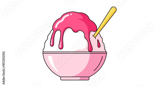 A vibrant illustration of a pink bowl filled with fluffy shaved ice, generously topped with a bright pink syrup and a golden spoon.