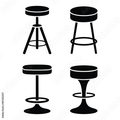 Bar Stool Icon Set - Modern Silhouette Furniture Vector Illustrations