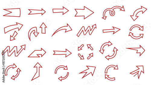 A collection of 30 hand-drawn red arrow icons with various styles and directions, isolated on a white background.