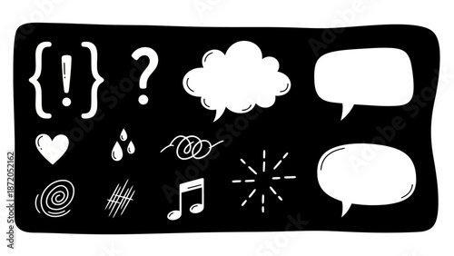 A collection of hand-drawn doodle icons and symbols on a black background, including speech bubbles, punctuation, and abstract shapes.