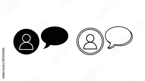 Two distinct icons representing a user profile next to a speech bubble, one filled black and the other outlined.