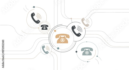 Abstract telephone communication network with vintage and modern phone icons connecting the world