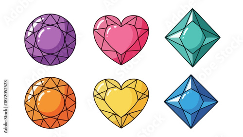 A vibrant collection of six faceted gemstones, featuring round, heart, and square cuts in purple, pink, teal, orange, yellow, and blue.