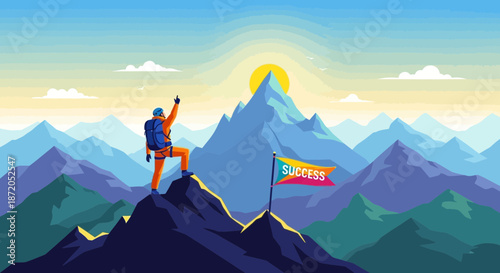 Achieving success in mountain climbing with determination and motivation to reach the top peak