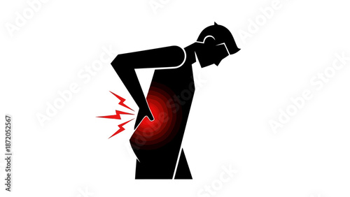 Silhouette of a person experiencing severe lower back pain, with a red glowing area indicating discomfort and sharp pain radiating outwards.