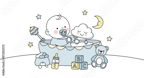 Adorable baby illustration surrounded by toys, creating a warm and inviting nursery scene