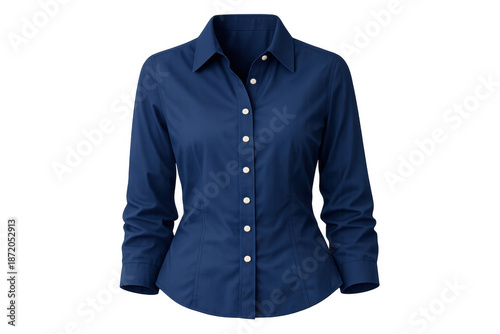 Navy blue woman's long sleeve collared button down shirt for business attire and professional corporate wear
