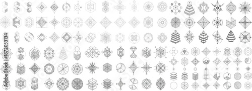 A diverse collection of intricate geometric patterns in monochrome, showcasing depth and symmetry.