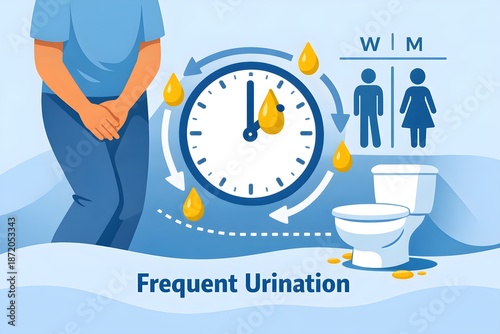 Flat vector illustration of frequent urination symptom restroom icon metaphor discreet medical style 