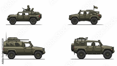 Four military vehicles in different configurations on white background.