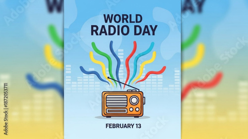 World radio day poster with vintage radio illustration and colorful waves on february 13 with retro radio and poster design and communication