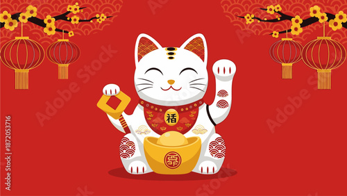 A cheerful Maneki-Neko figurine with one paw raised and a gold coin in the other, surrounded by hanging lanterns on a vibrant red background, symbolizing good fortune and prosperity on kuda