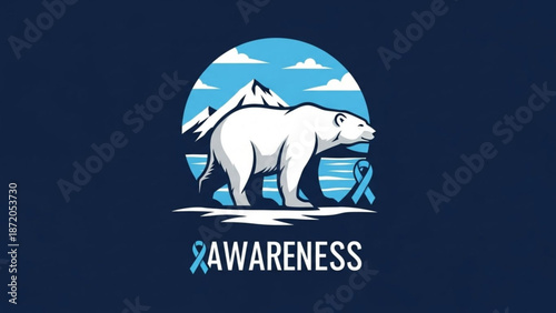 Polar bear standing on ice with awareness ribbon symbolizing conservation efforts and environmental protection in a stylized illustration with wildlife