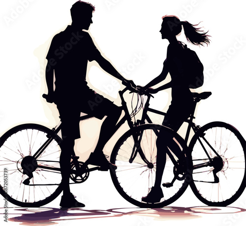 Create a realistic Backlit photo of a man and woman with bikes stopping and taking a break and talking vector art with white background.