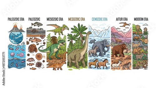 Evolution of life on earth timeline illustration showing prehistoric animals and geological eras from paleozoic to modern era with evolution timeline