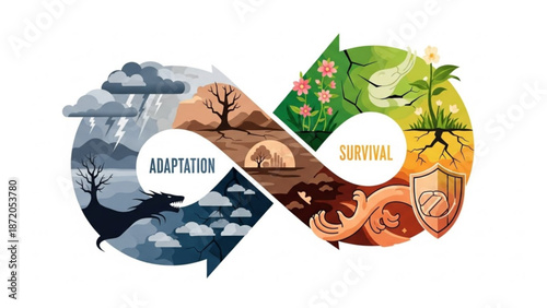 Infinity symbol representing adaptation and survival in environmental changes with contrasting scenes of nature and resilience with sustainability