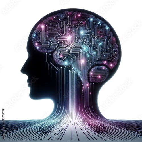 Brain Circuits: A digital illustration of the human mind, showcasing interconnected circuitry within a silhouette of a person's head, highlighting the intricate networks of thought.