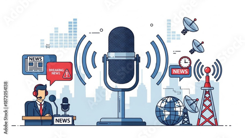 News broadcasting studio with microphone and satellite communication equipment for live reporting and global news transmission with journalism