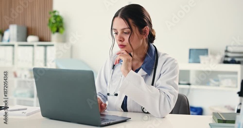 Wallpaper Mural Reading, doctor and laptop with woman in office of hospital for email, surgery schedule and healthcare. Digital patient records, planning and medical with person in clinic for treatment research Torontodigital.ca