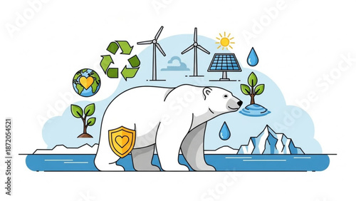 Polar bear surrounded by eco friendly elements and renewable energy sources in a cartoon illustration promoting environmental conservation and sustainability