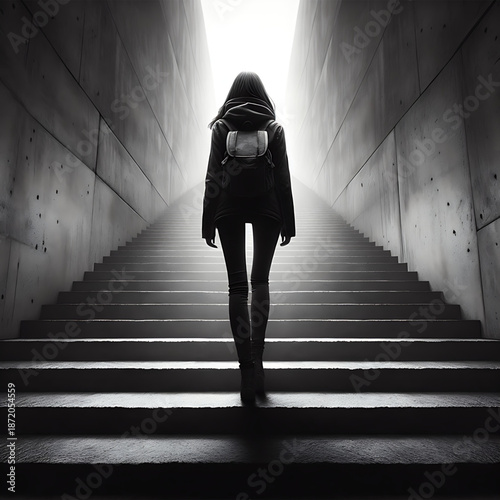 Ascending Steps: A person journeys up a long staircase towards a source of light, evoking a sense of aspiration and journey.
