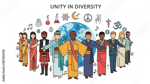 Diverse group of people from different cultures standing together in unity with global symbols and icons with diversity and multicultural and inclusion