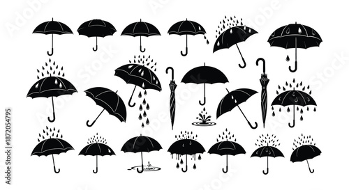 Collection of black and white umbrella illustrations with falling rain droplets