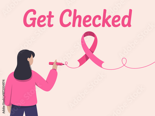 An encouraging illustration of a woman writing 'Get Checked' alongside a pink ribbon, promoting health awareness and the importance of early detection for breast cancer.