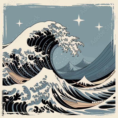 This image presents a powerful wave in a traditional art style, showcasing the grandeur of nature and its dynamic energy, inspired by classic Japanese woodblock prints.