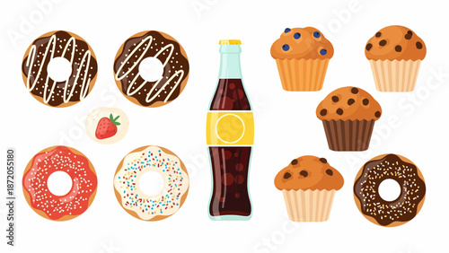 Assorted Donuts Cupcakes and Soft Drink Bottle.