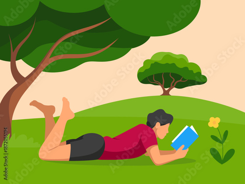 A serene illustration of a person lying on grass under trees, deeply engrossed in a book, epitomizing relaxation and the joy of reading in a beautiful environment.