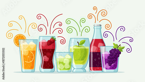 Colorful Cocktails and Juices in Glasses.